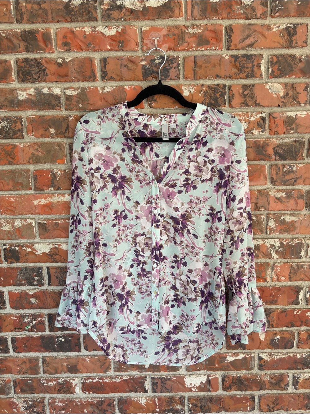 Kut from the Kloth Mint Blouse with Purple Floral Print